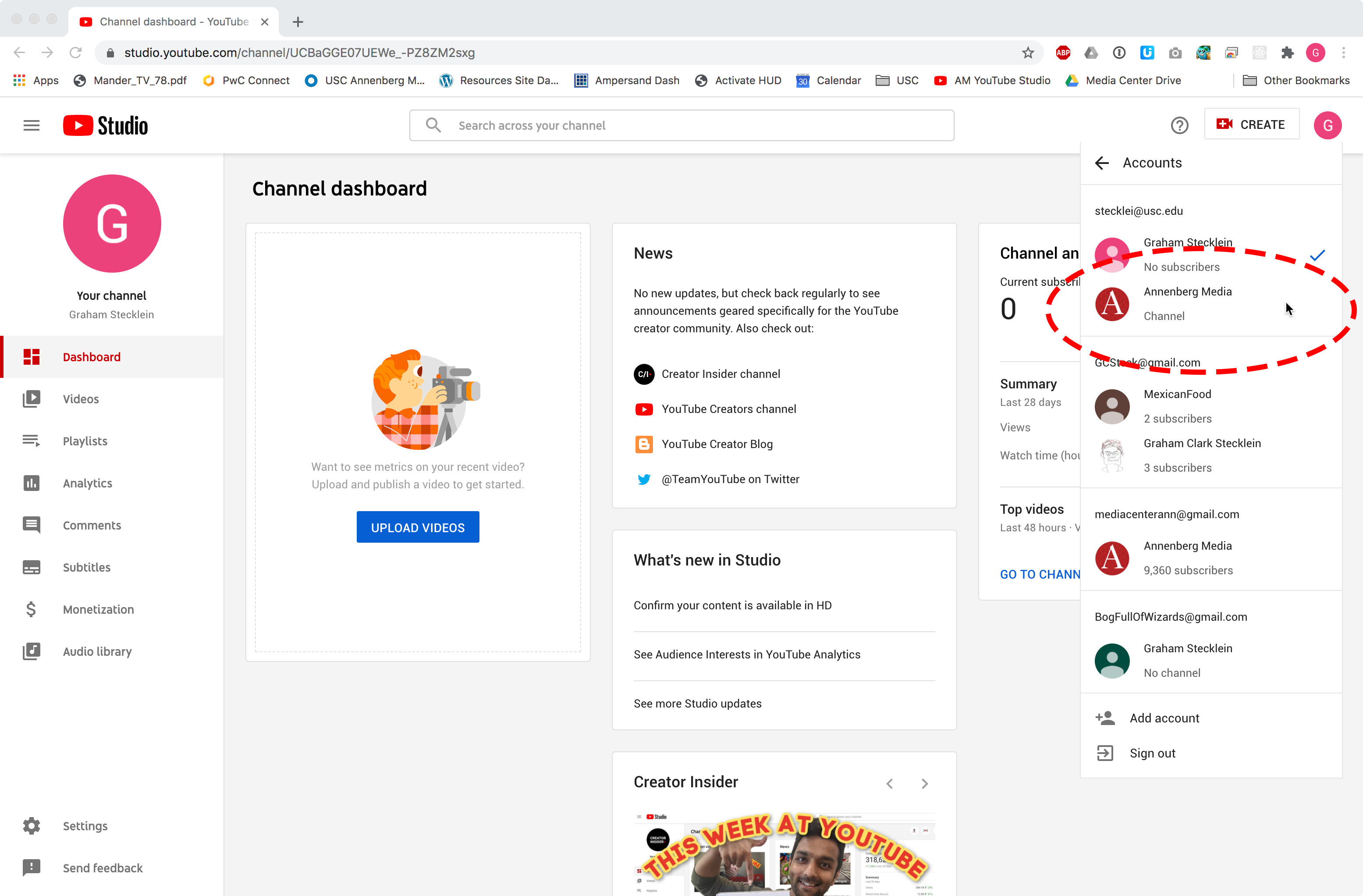 Screenshot of youtube studio login process